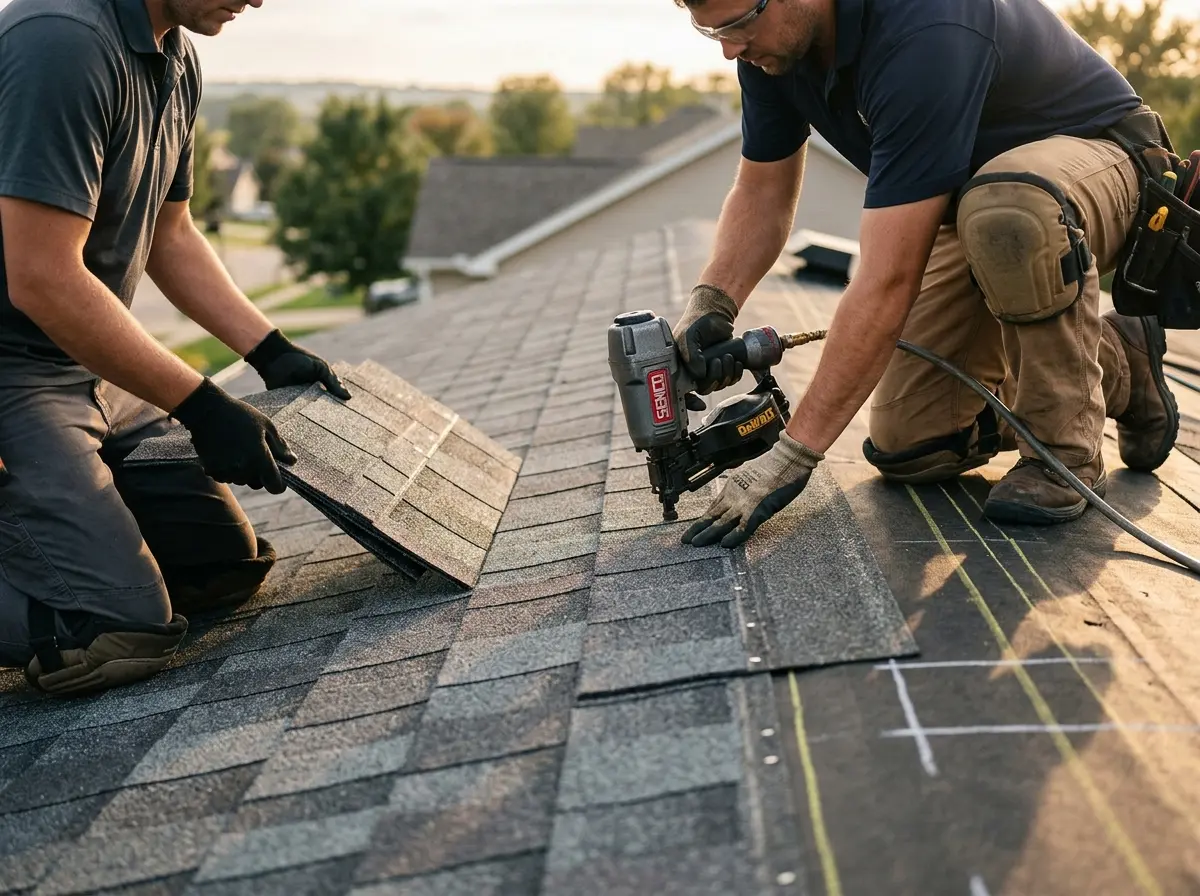 Professional roofer working on a residential roof in Mims